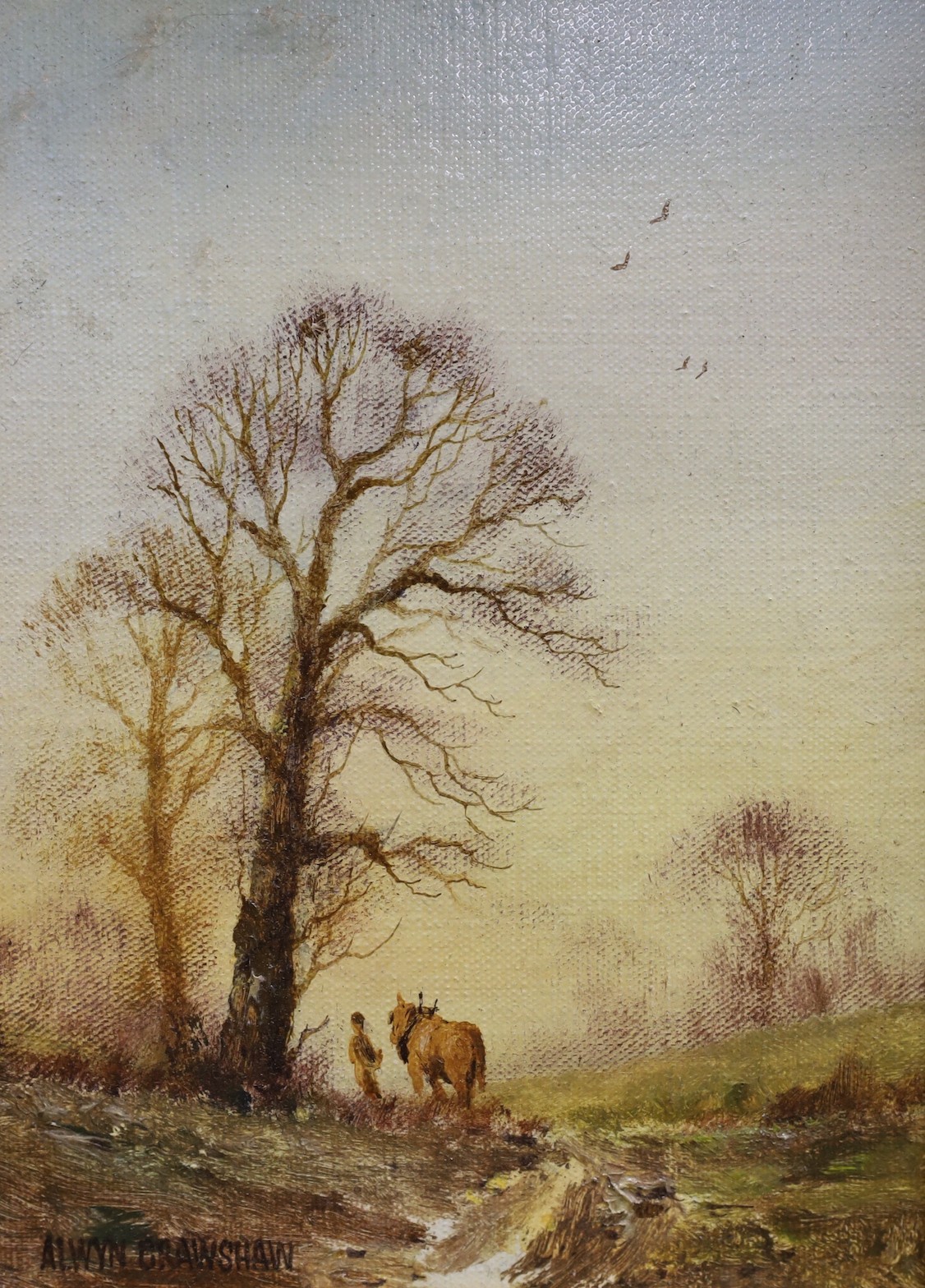 Alwyn Crawshaw (b.1934), pair of oils on canvas, Ploughing scenes, signed, 17 x 12cm